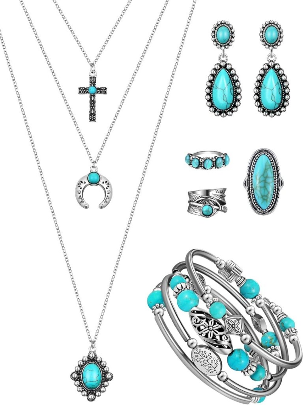 Bohemian Western Jewelry Turquoise Set Women Country Pendant Long Choker Layered
